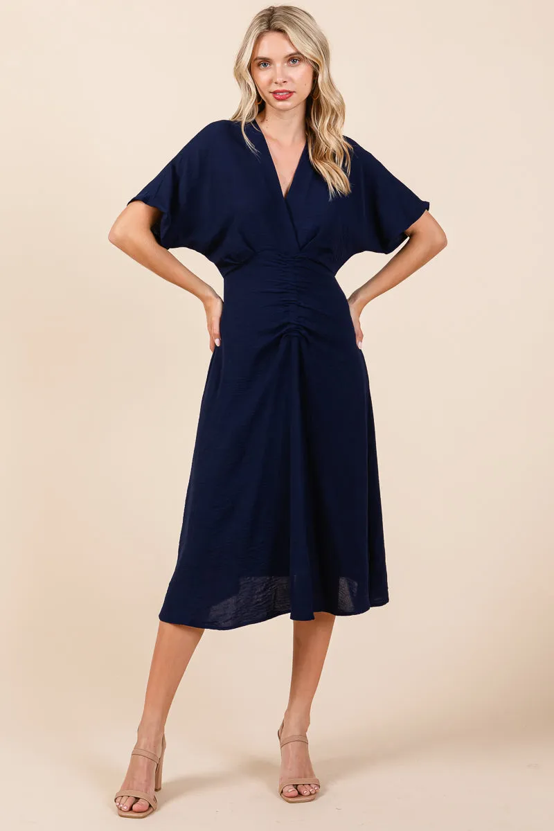 V Neck Short Sleeve Ruched Midi Dress