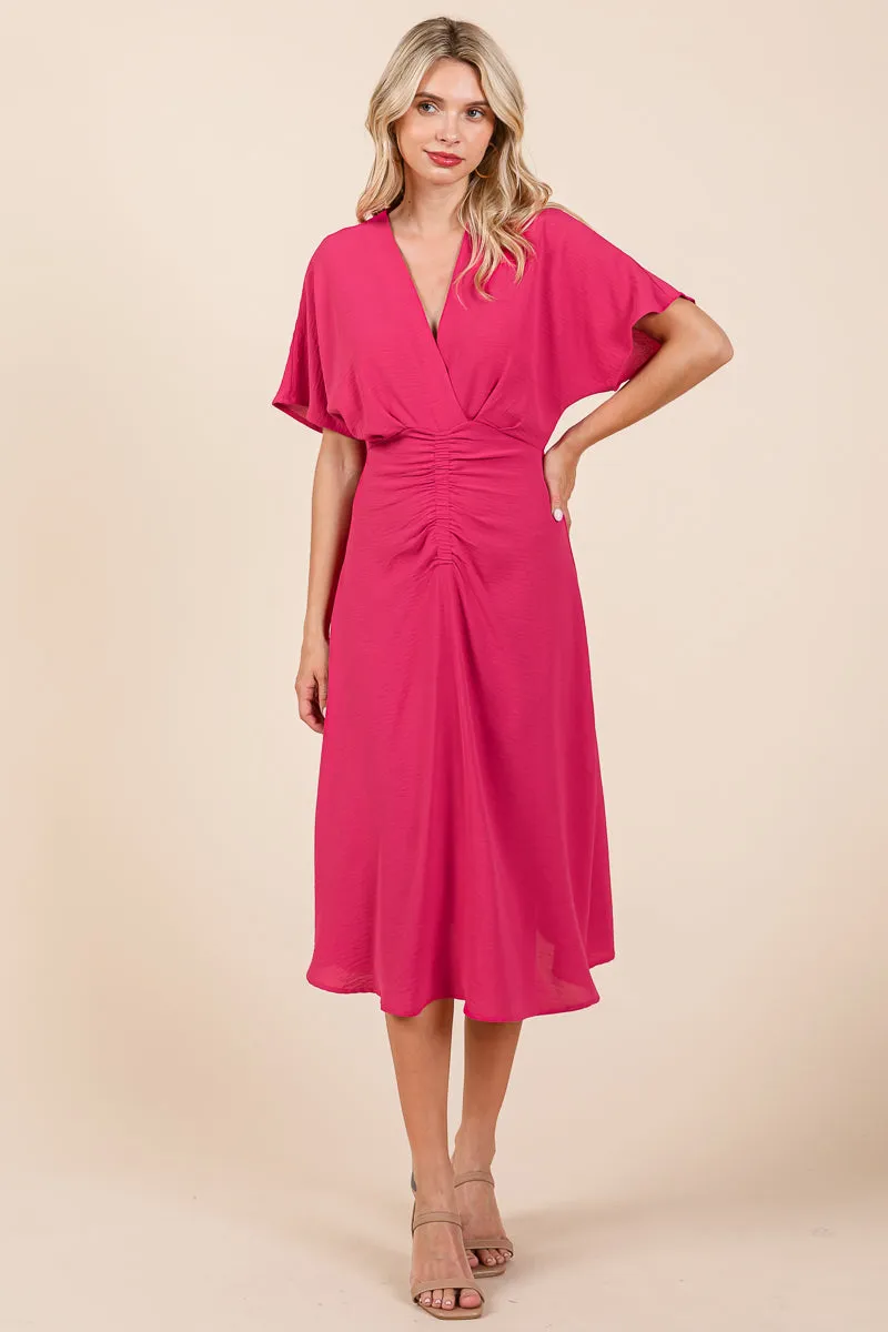 V Neck Short Sleeve Ruched Midi Dress