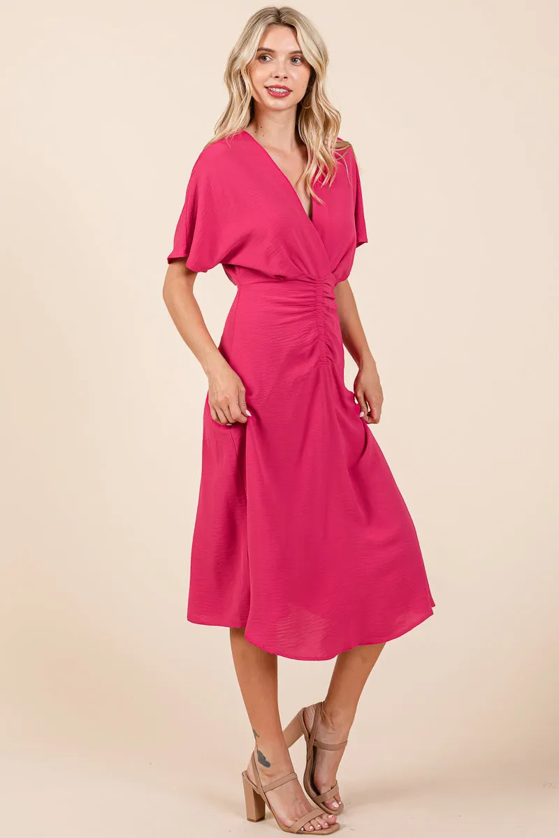 V Neck Short Sleeve Ruched Midi Dress