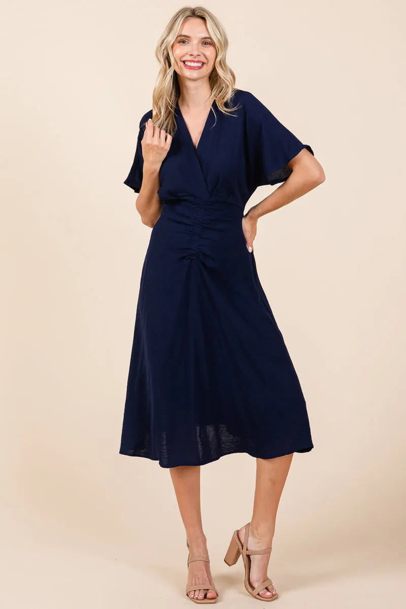 V Neck Short Sleeve Ruched Midi Dress