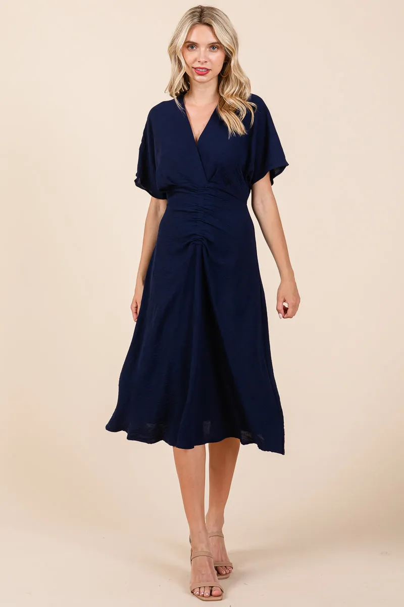 V Neck Short Sleeve Ruched Midi Dress