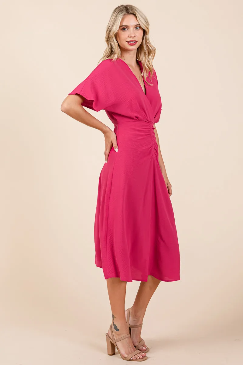 V Neck Short Sleeve Ruched Midi Dress