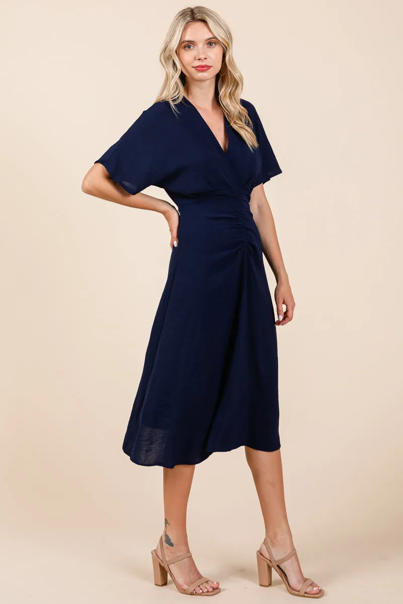 V Neck Short Sleeve Ruched Midi Dress