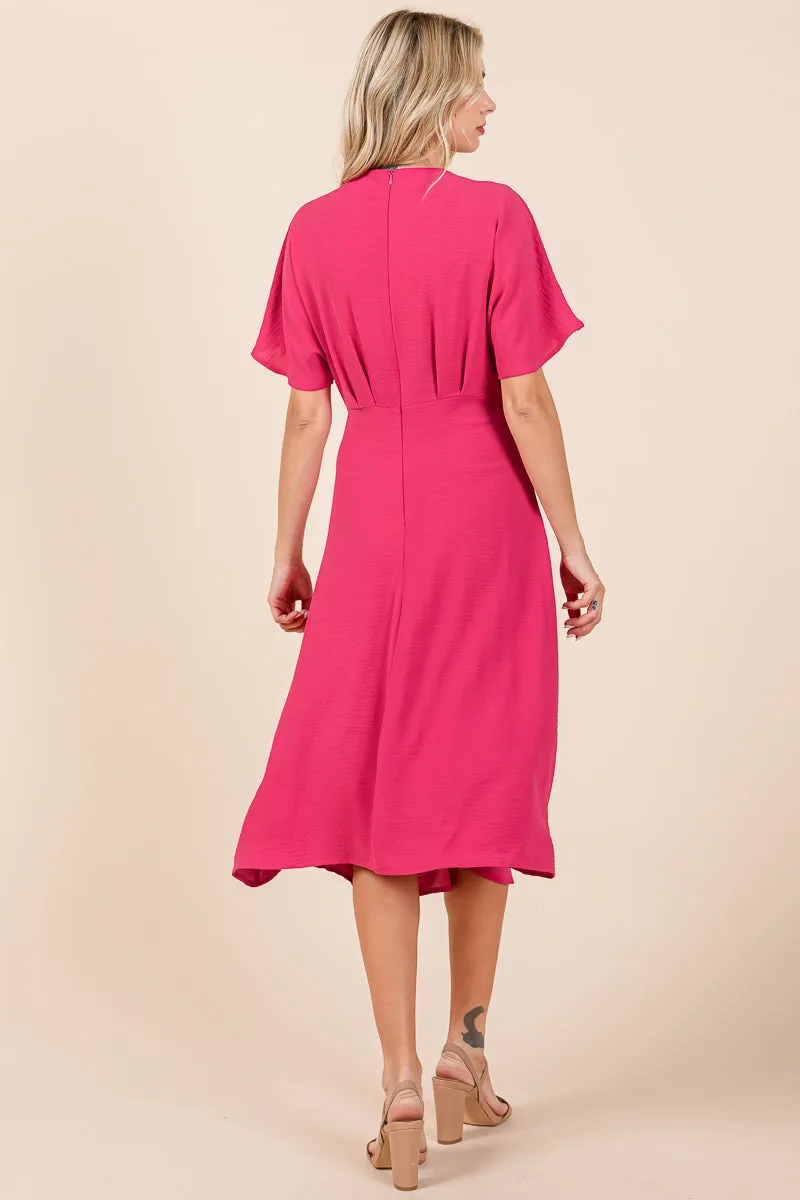 V Neck Short Sleeve Ruched Midi Dress