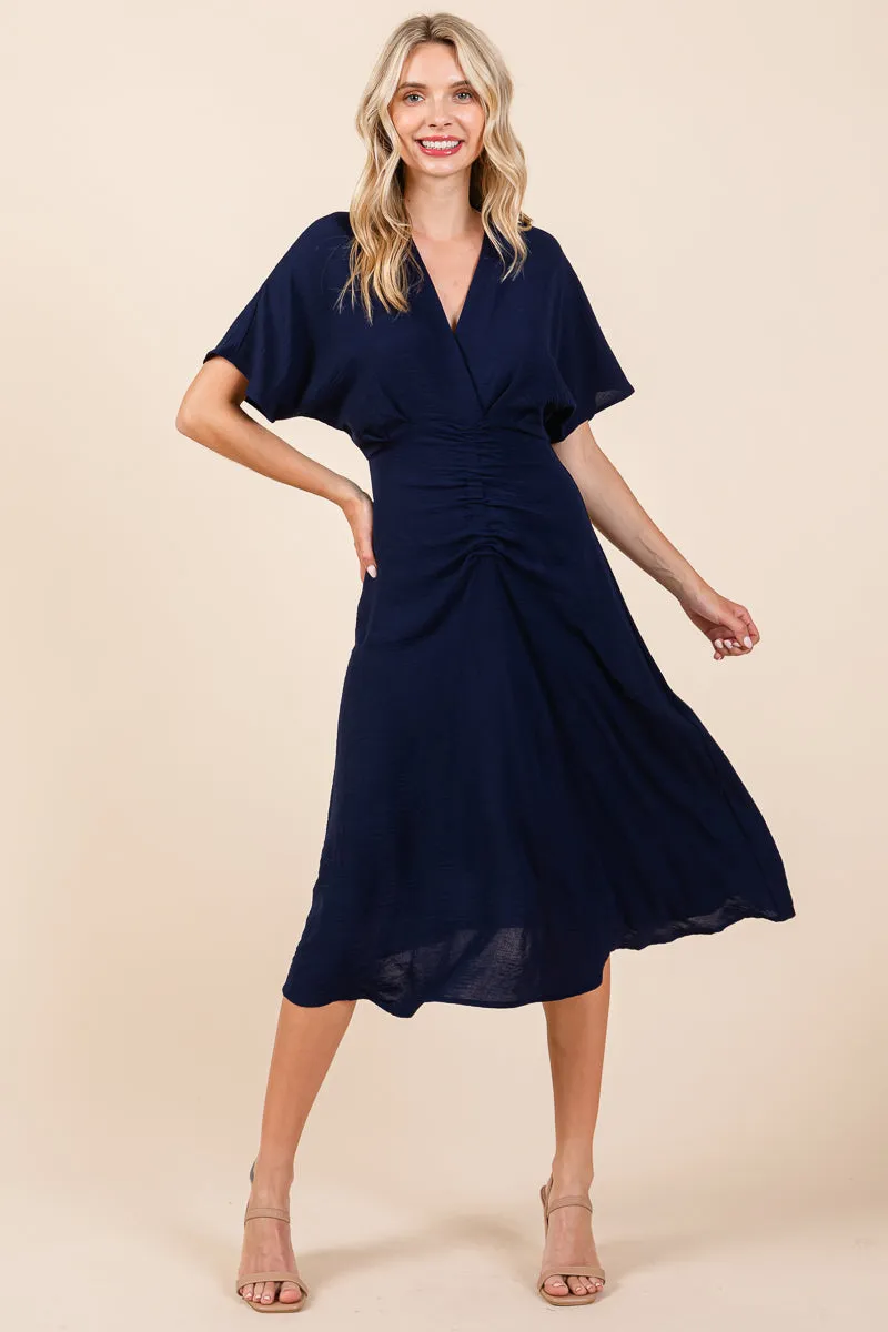 V Neck Short Sleeve Ruched Midi Dress