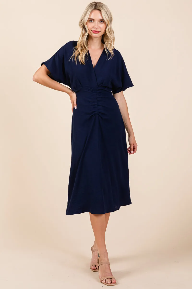 V Neck Short Sleeve Ruched Midi Dress