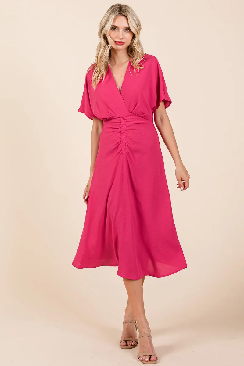 V Neck Short Sleeve Ruched Midi Dress