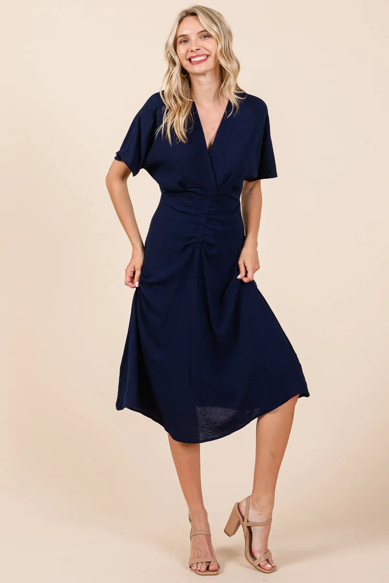 V Neck Short Sleeve Ruched Midi Dress