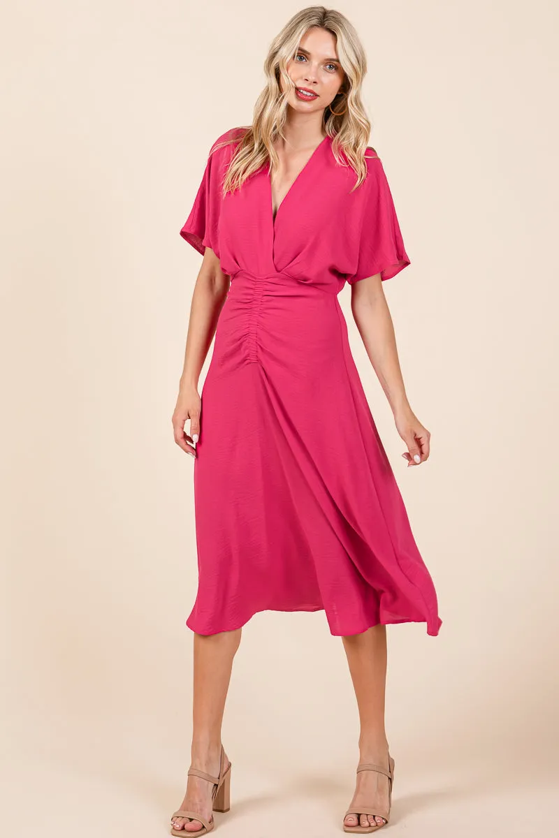 V Neck Short Sleeve Ruched Midi Dress