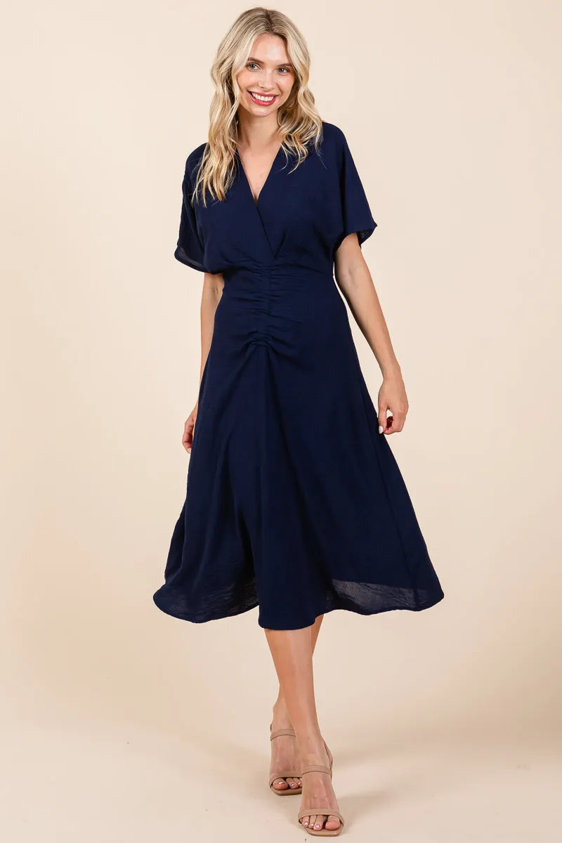 V Neck Short Sleeve Ruched Midi Dress