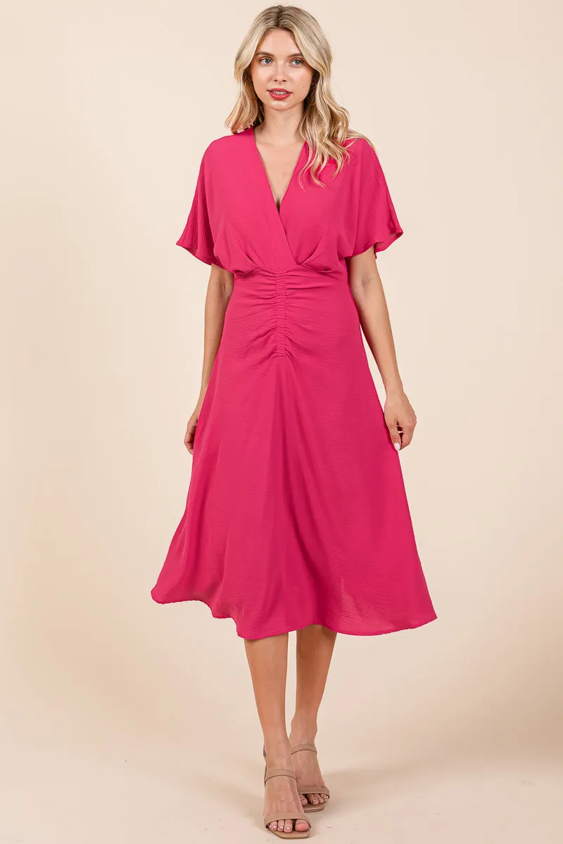 V Neck Short Sleeve Ruched Midi Dress