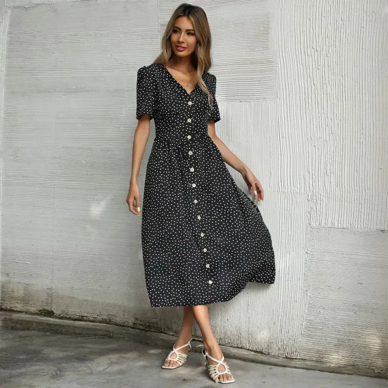 Vacation Chic Cardigan V-neck Short Sleeve Hem Slit Retro Dot Midi Dress