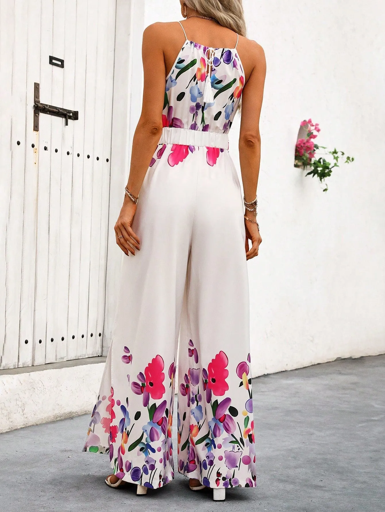 VCAY Plans Print Belted Wide Leg Cami Jumpsuit