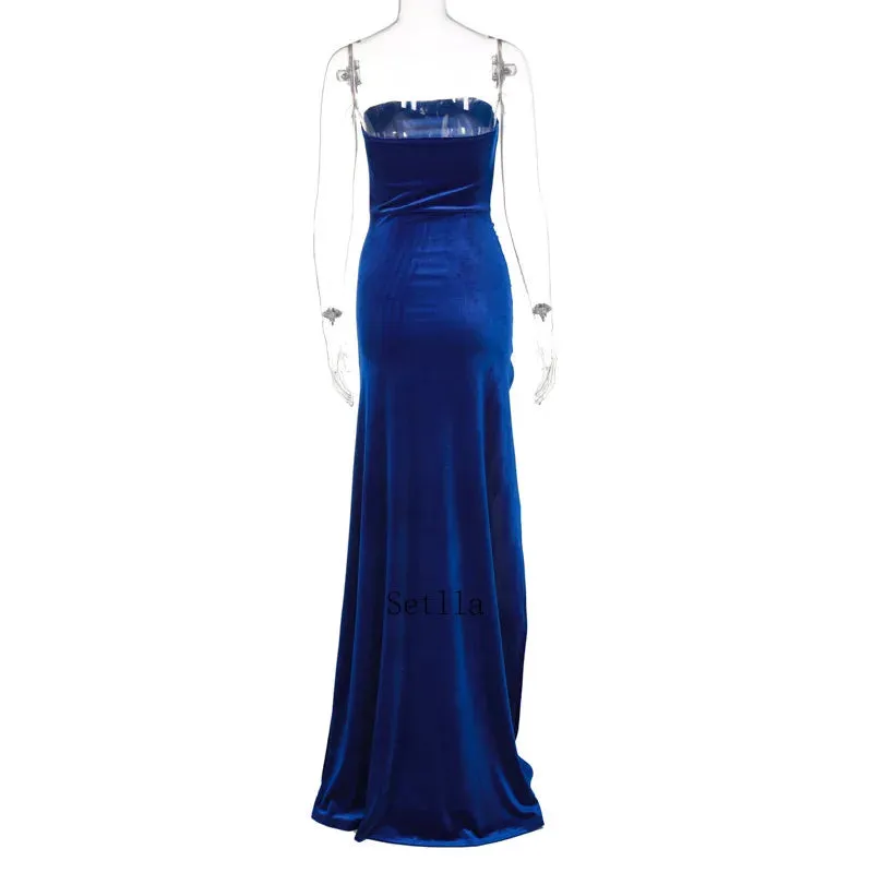 Velvet Blue Black Strapless Sleeveless Club Midi Dress