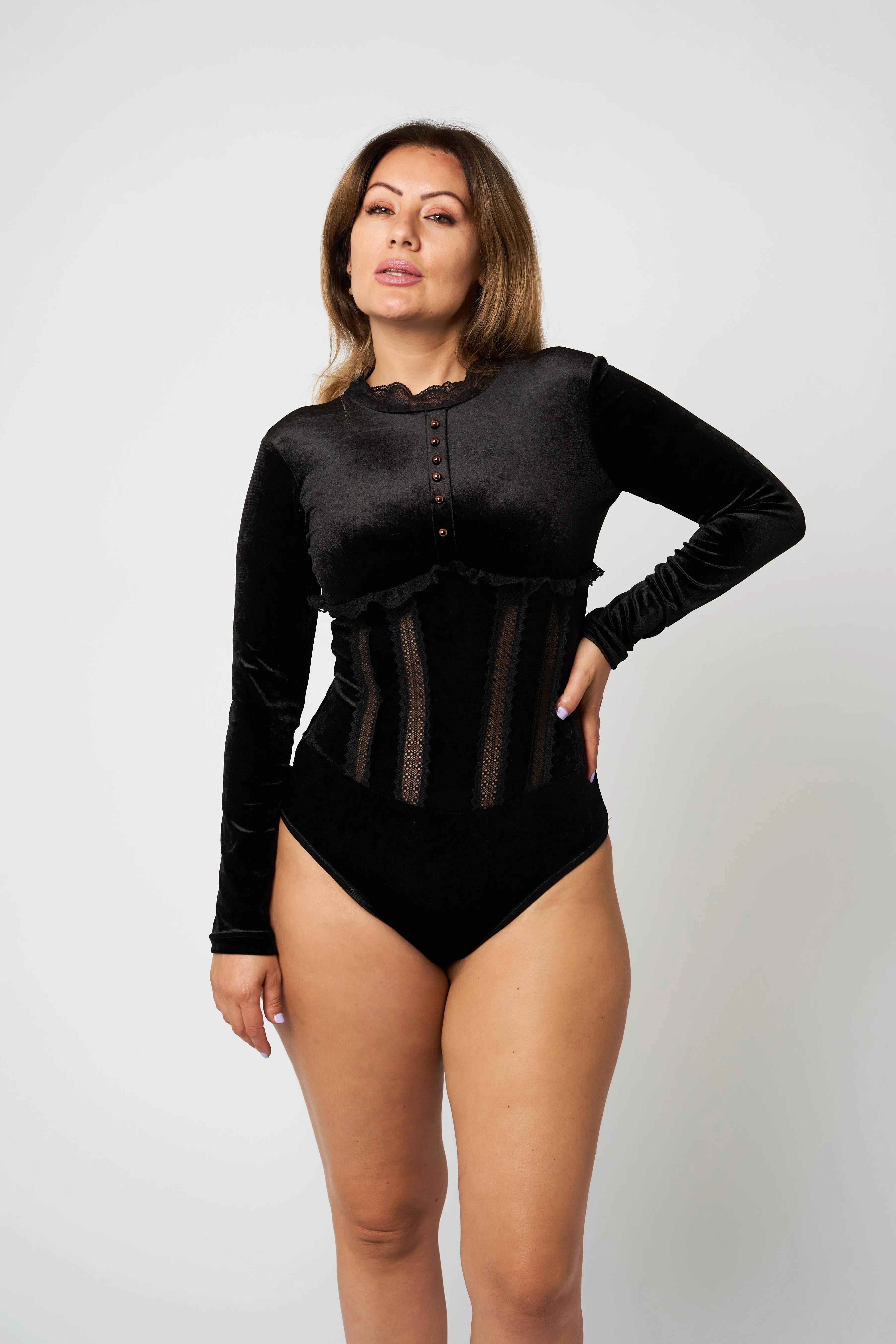 Velvet Bodysuit With Lace Trims Baroque In Black