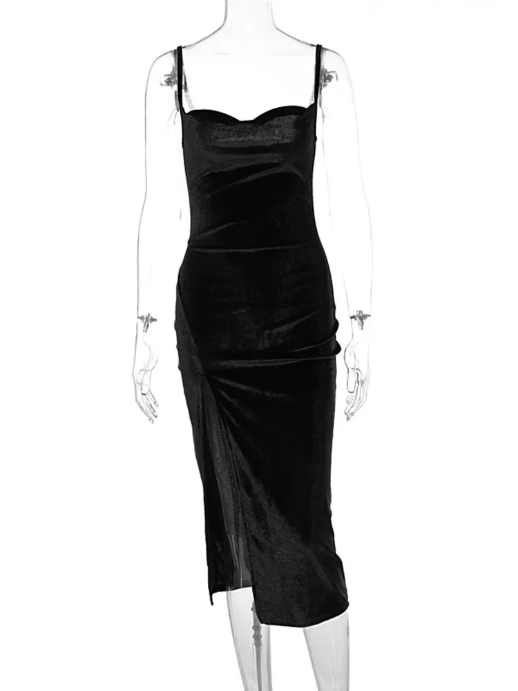 Velvet Swing Collar Sleeveless Slit Midi Dress