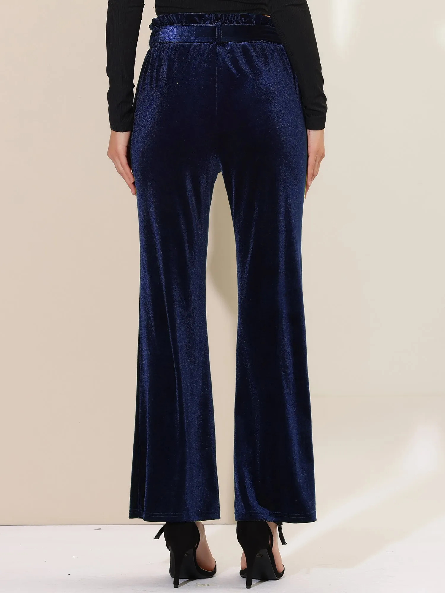 Velvet Tie Waist Pockets Stretchy Wide Leg Pants