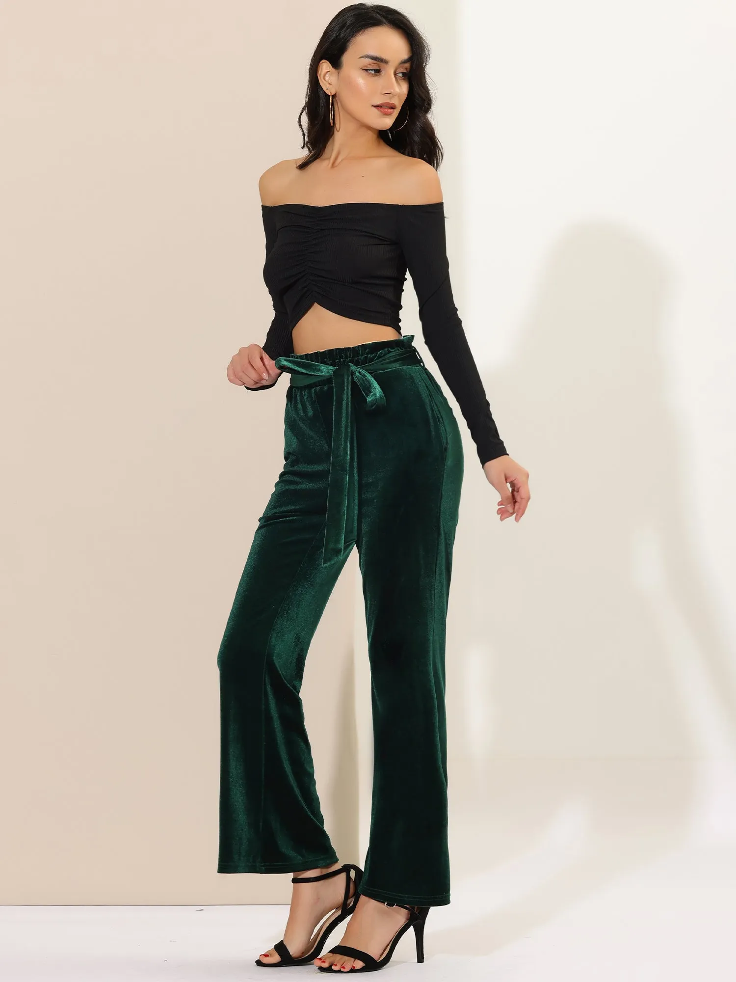 Velvet Tie Waist Pockets Stretchy Wide Leg Pants