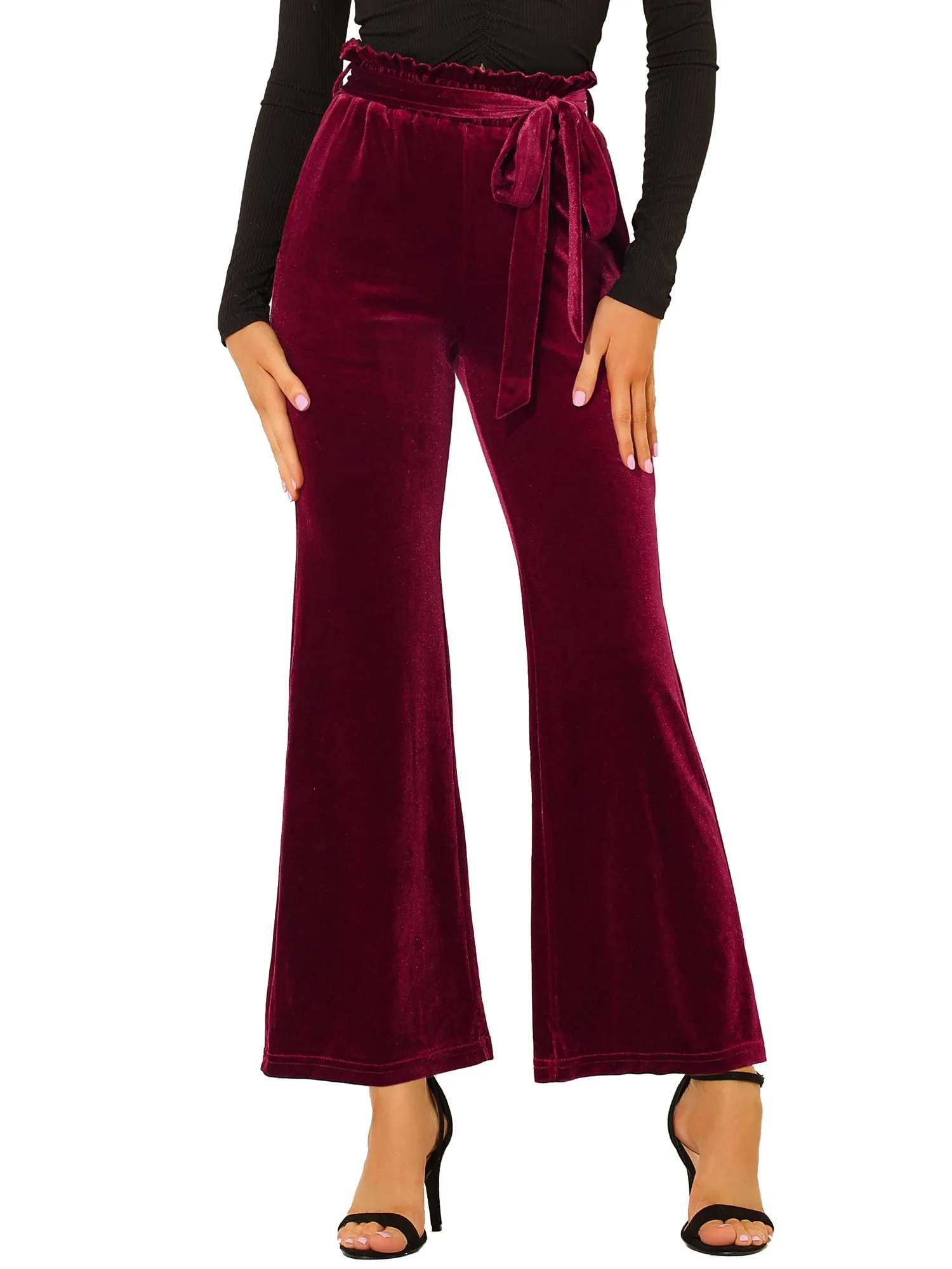 Velvet Tie Waist Pockets Stretchy Wide Leg Pants