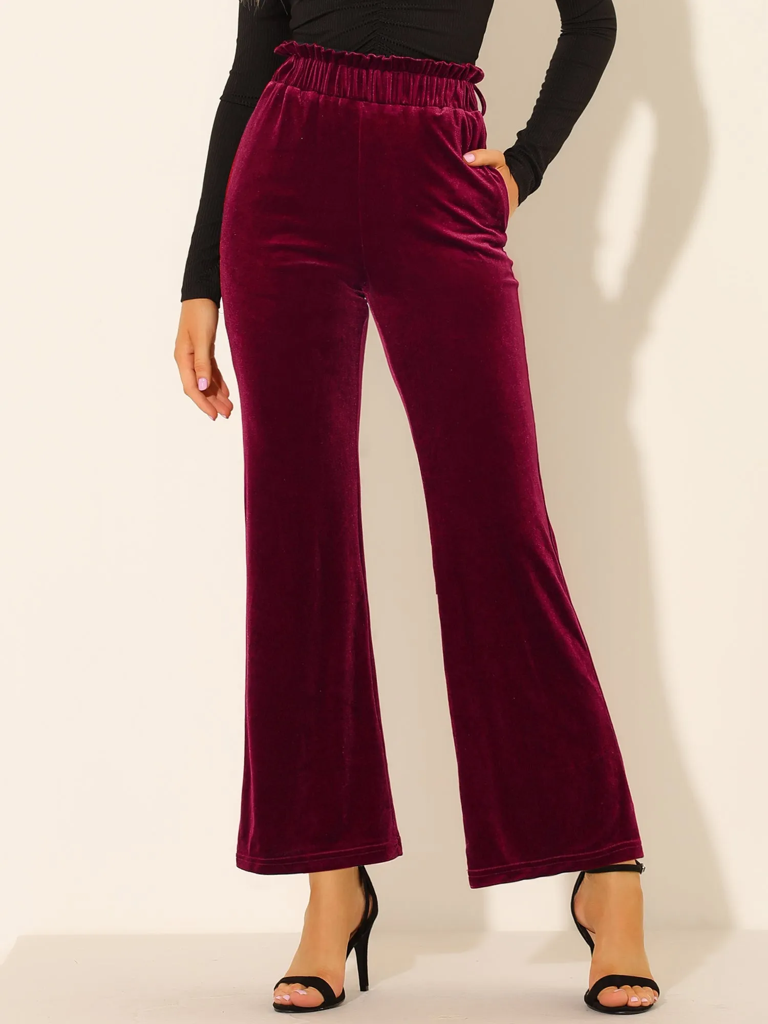 Velvet Tie Waist Pockets Stretchy Wide Leg Pants