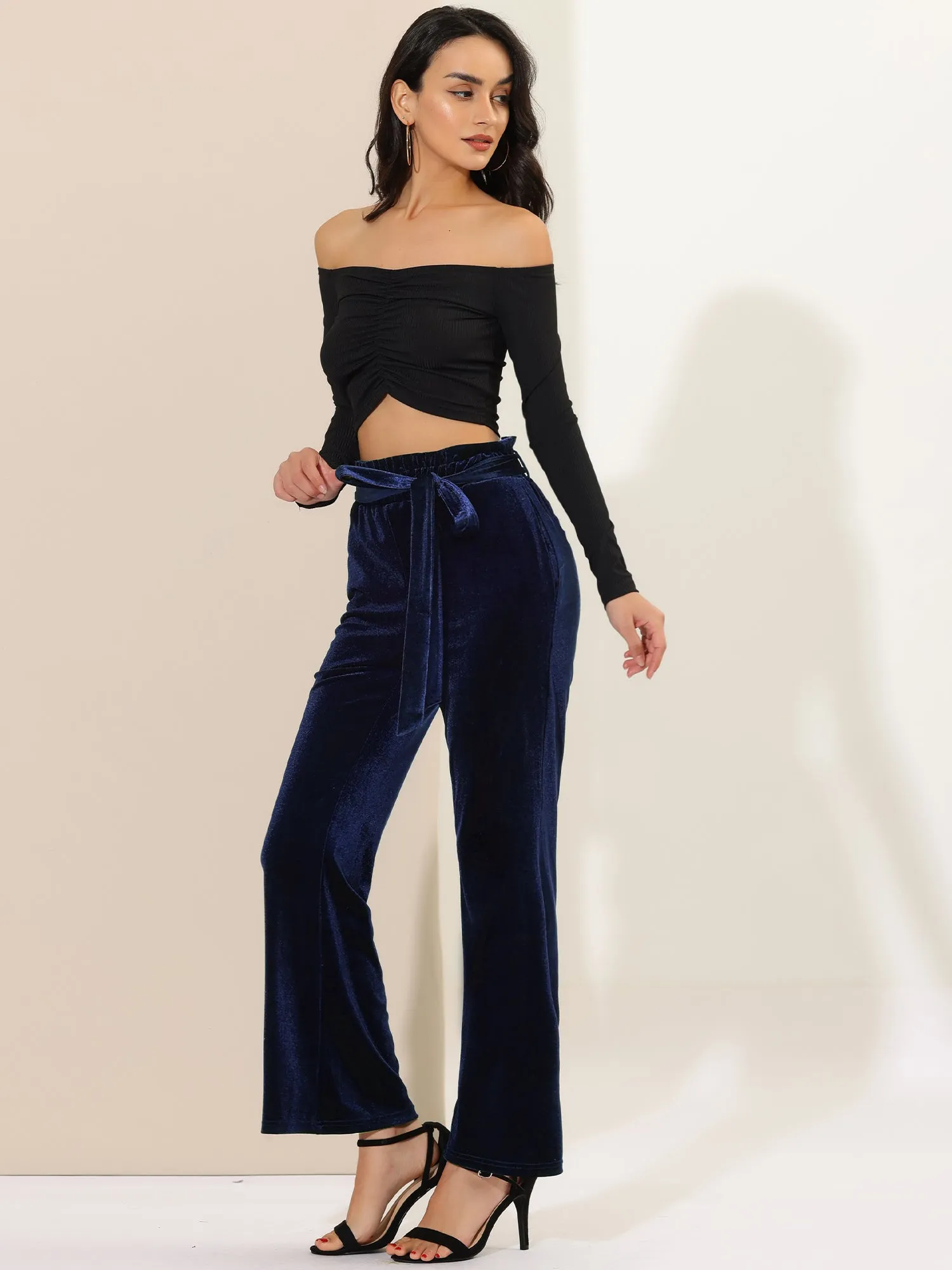 Velvet Tie Waist Pockets Stretchy Wide Leg Pants