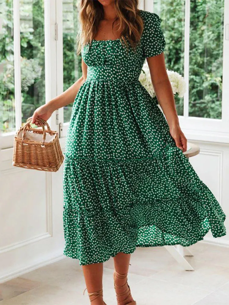 Vestidos Vintage Print Puff Sleeve Beach Sweet Square Floral Maxi Long Festa Midi Dresses