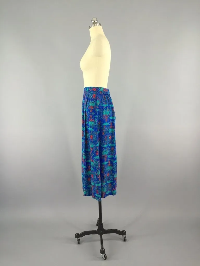 Vintage Blue Midi Skirt with Umbrella Novelty Print