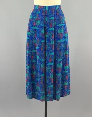 Vintage Blue Midi Skirt with Umbrella Novelty Print