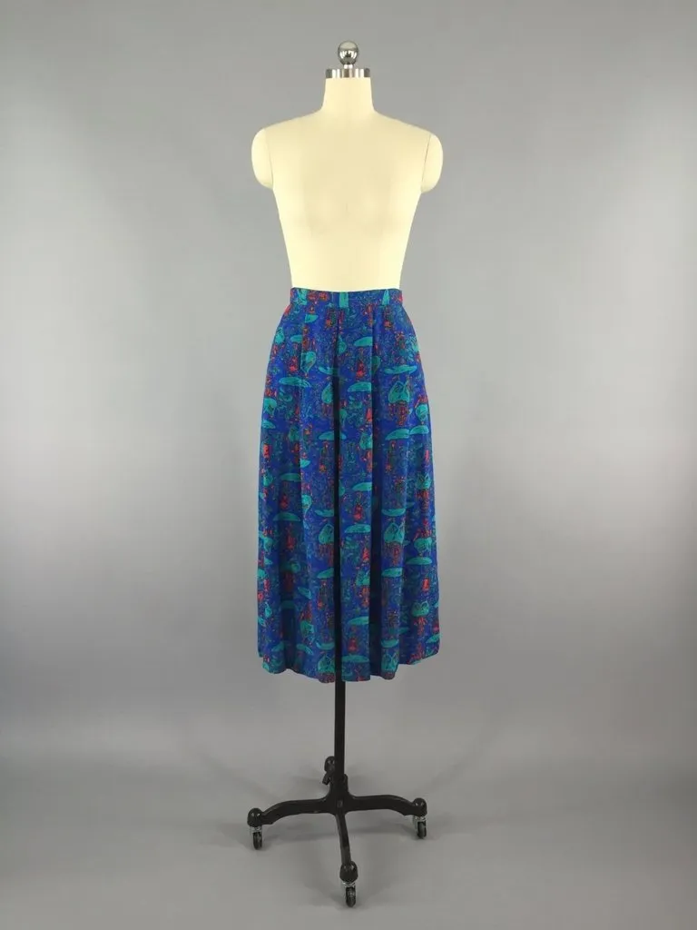 Vintage Blue Midi Skirt with Umbrella Novelty Print