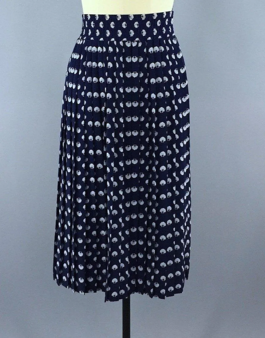 Vintage Midi Skirt / Navy Blue Seashells