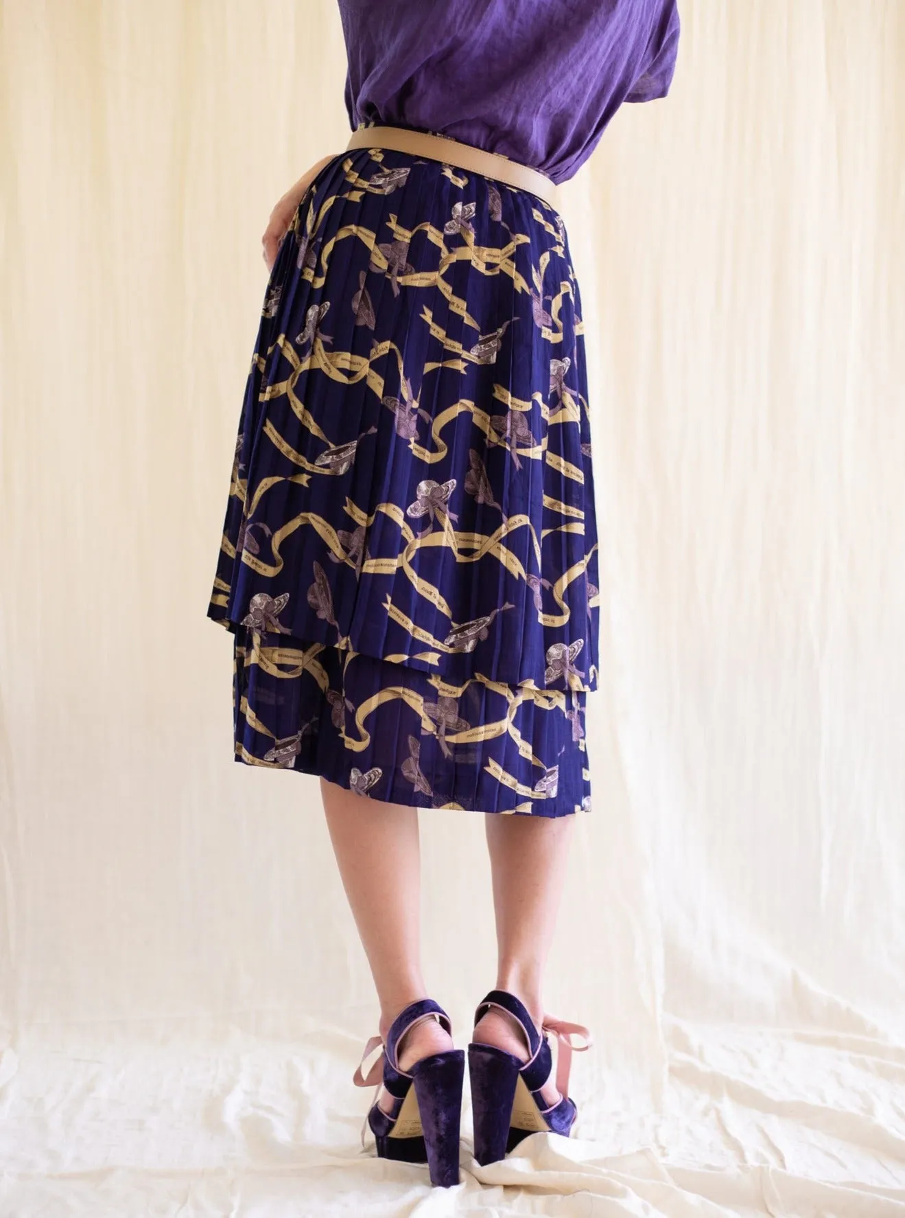 Vintage Ribbon Print Navy Blue Midi Skirt