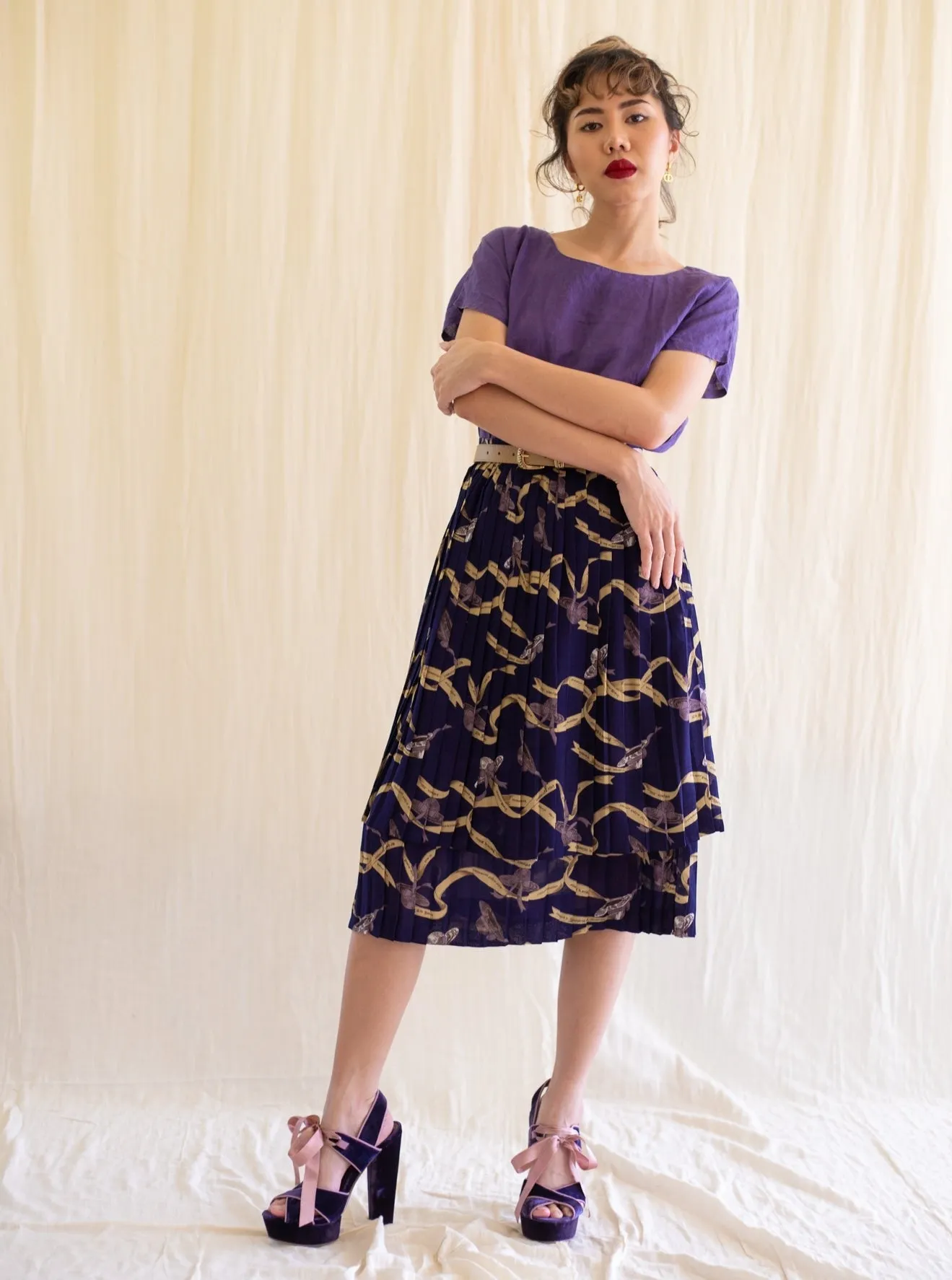 Vintage Ribbon Print Navy Blue Midi Skirt