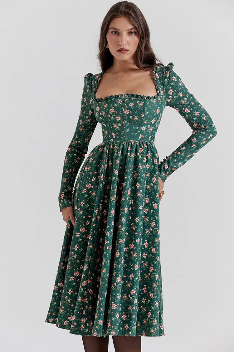 Vintage Ruffled Square Neck Puff Sleeve Fit & Flare Floral Printed Midi Dress - Emerald Green