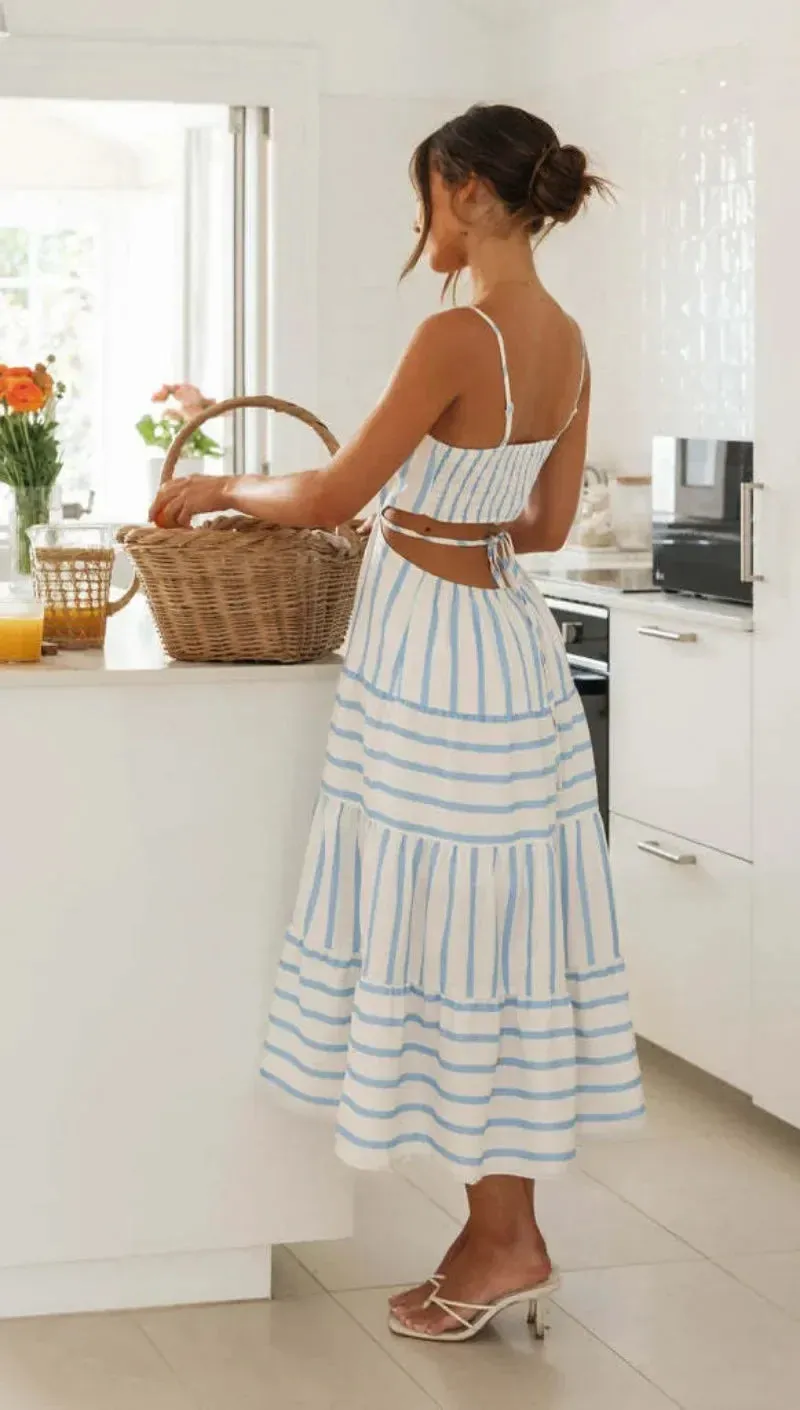 Waistless Backless Lace-up Stripe Sling Skinny Bra Midi Dress