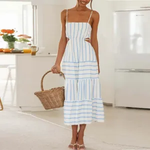 Waistless Backless Lace-up Stripe Sling Skinny Bra Midi Dress