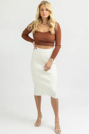 WHITE FRONT WRAP MIDI SKIRT