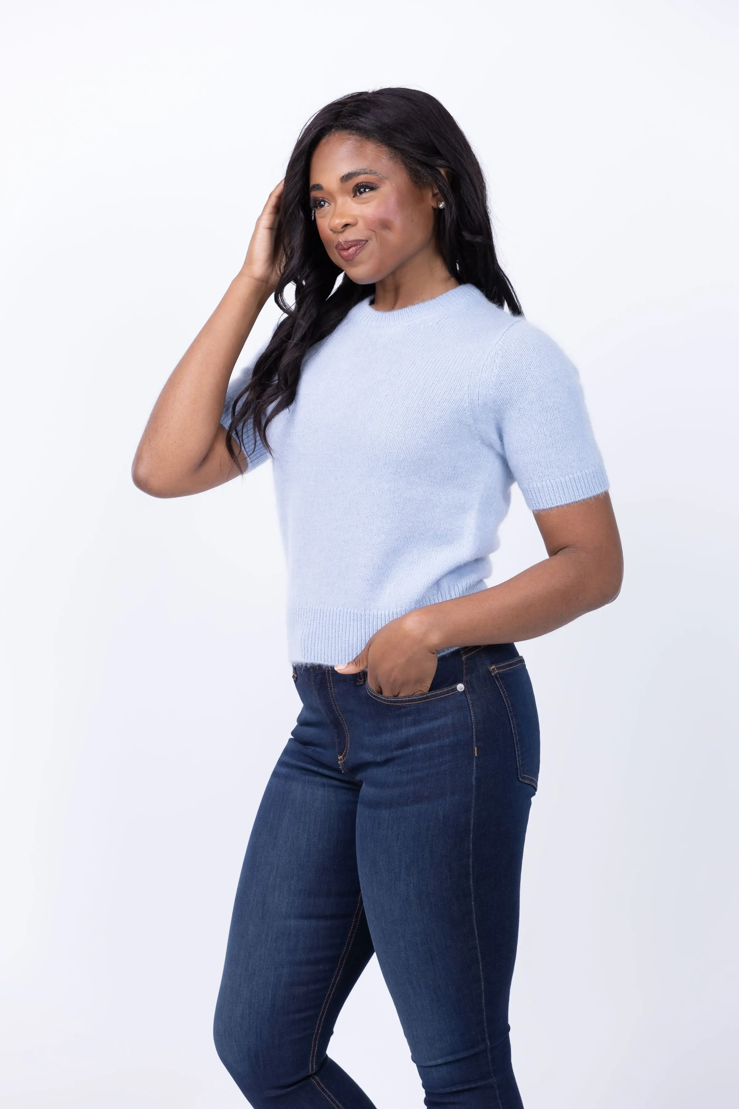 White   Warren Brushed Cashmere Tee in Misty Blue