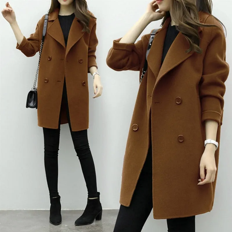 Winter Jacket Women Wool Coat Long Sleeve Turn-down Collar Green Outwear Jacket Casual Autumn Winter Elegant Overcoat