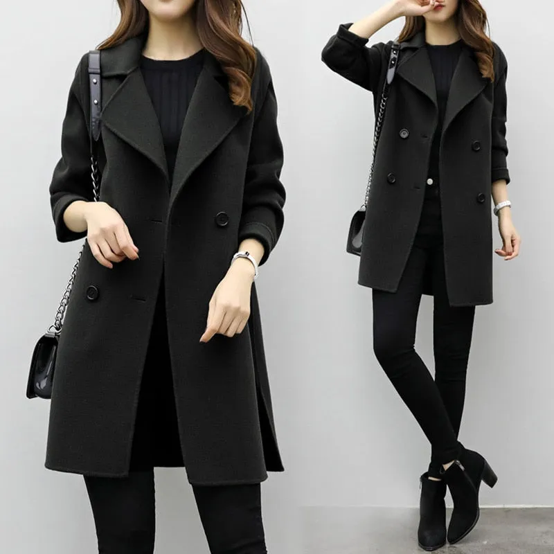 Winter Jacket Women Wool Coat Long Sleeve Turn-down Collar Green Outwear Jacket Casual Autumn Winter Elegant Overcoat