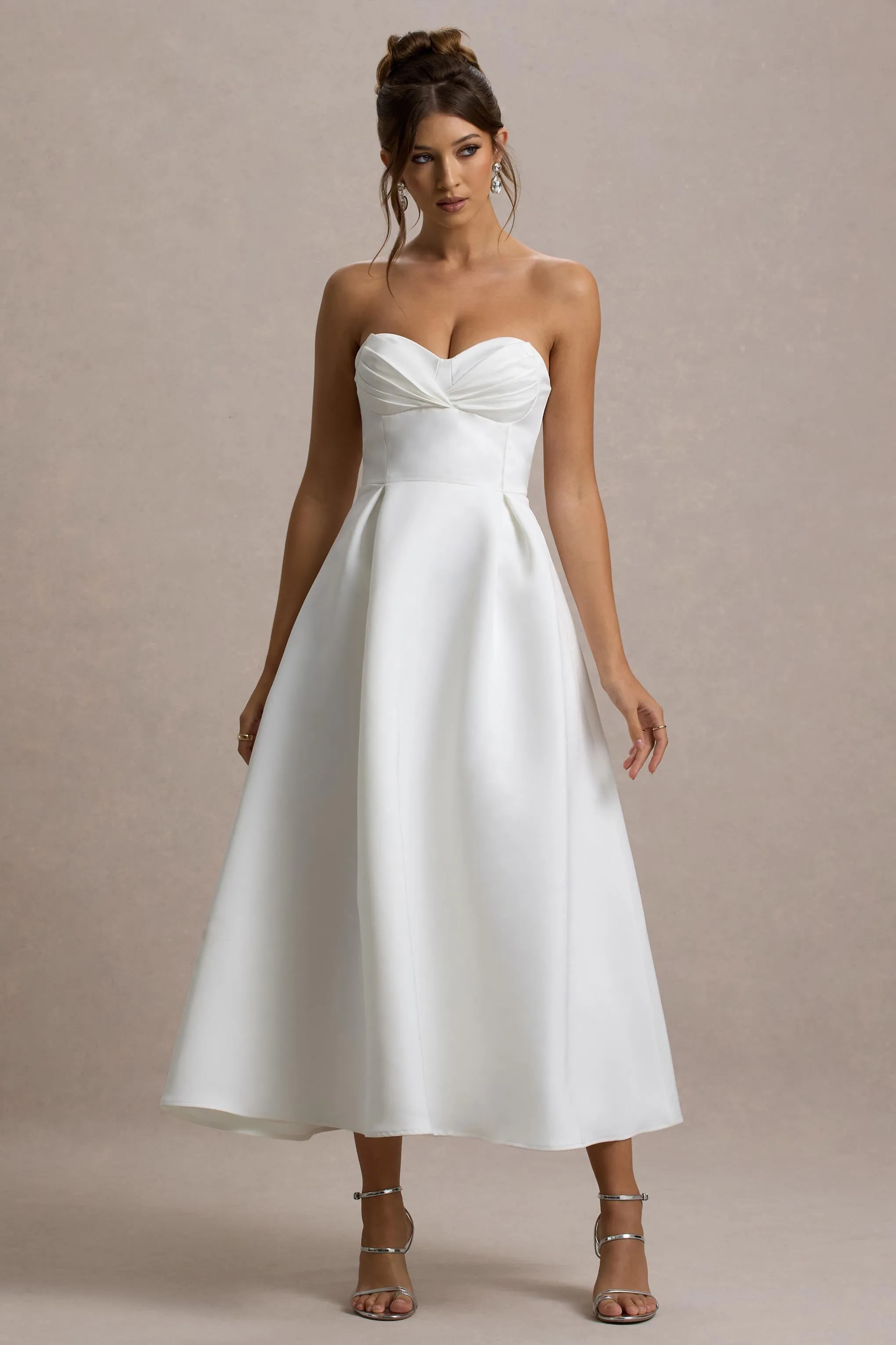 Wintour | White Satin Sweetheart Midi Dress