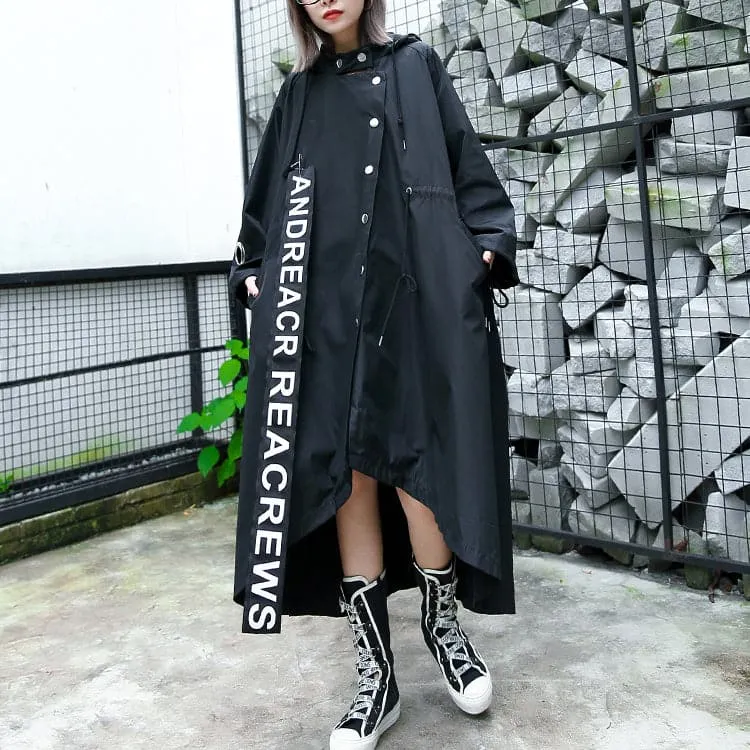 women black Coat plus size hooded asymmetric trench coat women tie waist print coats