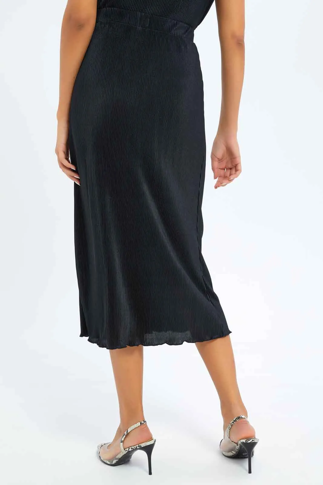 Women Black Plisse Midi Skirt