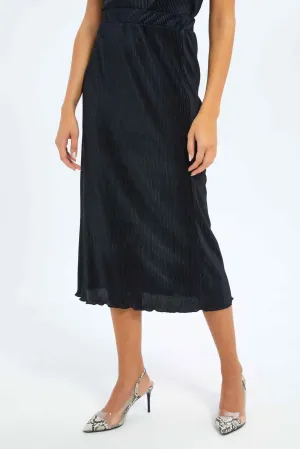 Women Black Plisse Midi Skirt