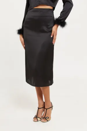 Women Black Satin Midi Skirt