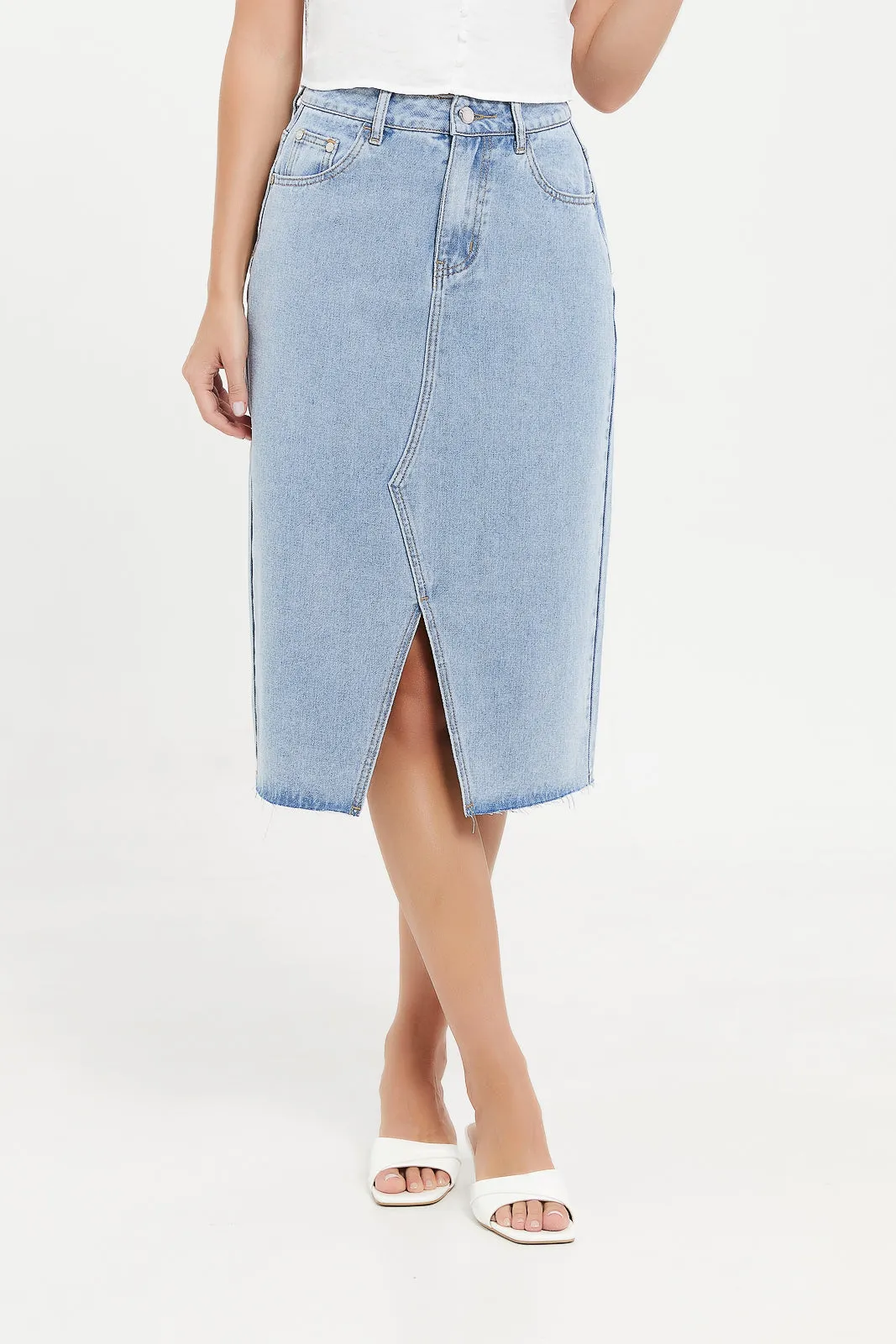 Women Blue Front Slit Bottom Frayed Denim Skirt