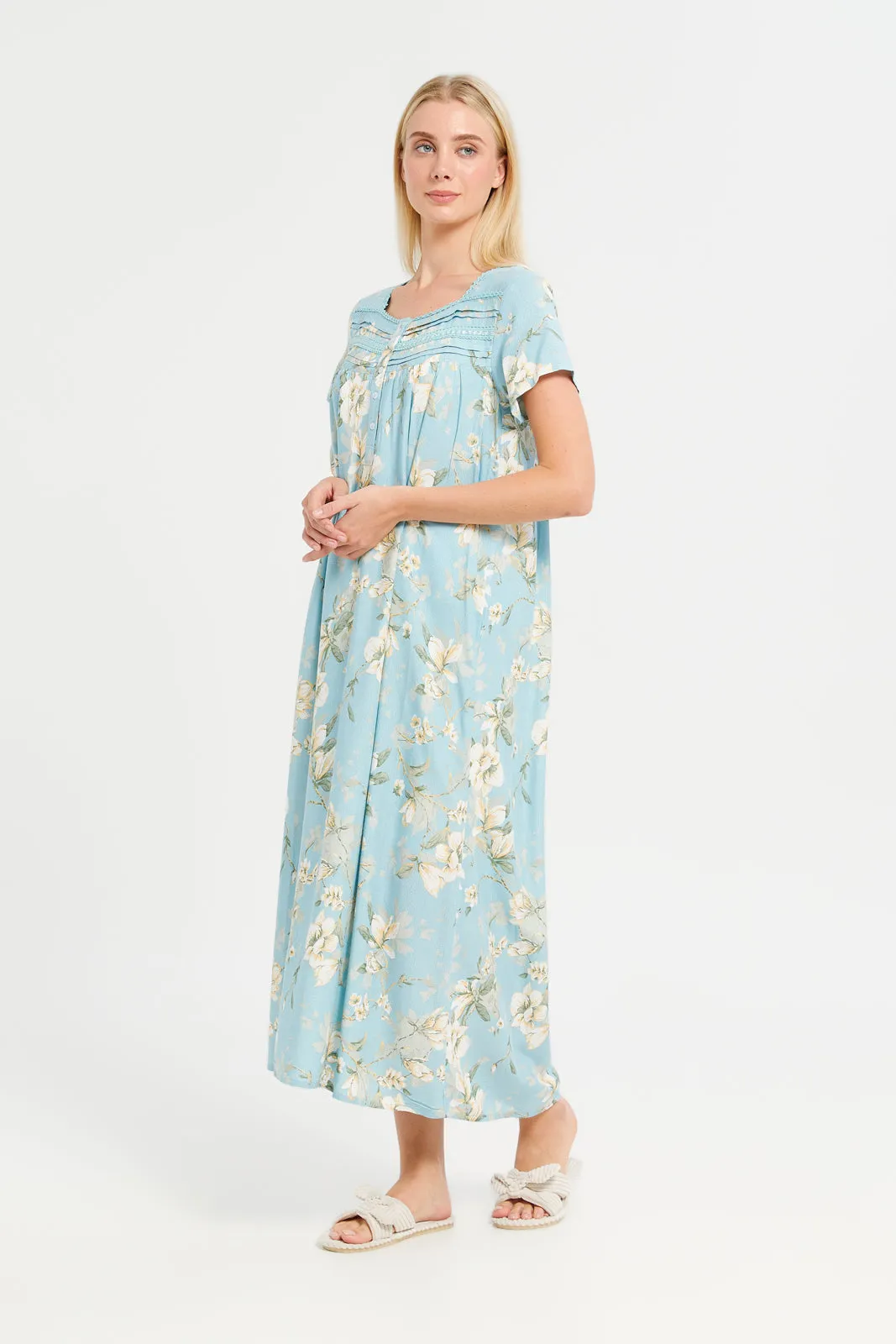 Women Blue Printed Lace Nightgown