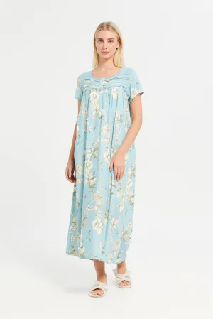 Women Blue Printed Lace Nightgown