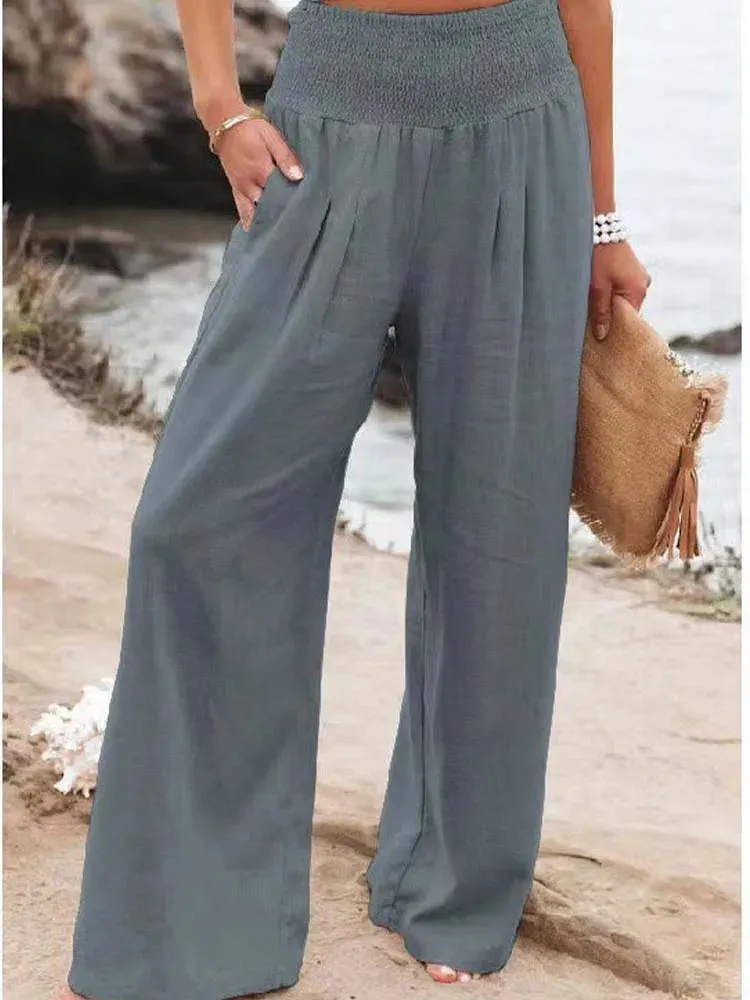 Women Cotton And Linen Pants Elastic High-Waist Thin Casual Pocket Trousers