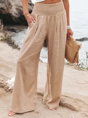 Women Cotton And Linen Pants Elastic High-Waist Thin Casual Pocket Trousers