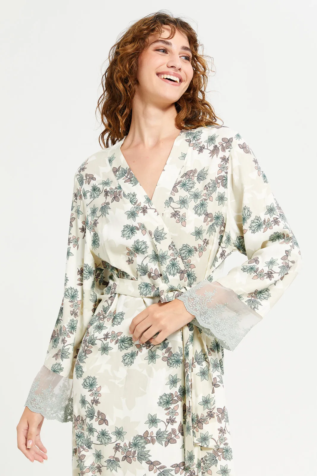 Women Cream Printed Robe Lace Nightgown